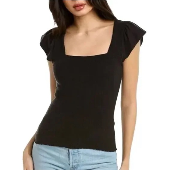 NATION LTD Alicia Black Smocked Ruffle Short Sleeve Square Neck Top Size S - Picture 1 of 12